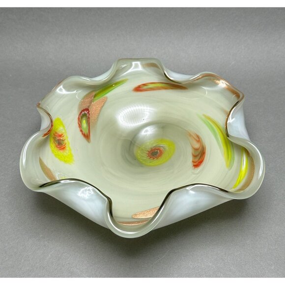 Vintage Vetreria Fratelli Toso Cased Sage Green Art Glass Centerpiece Bowl